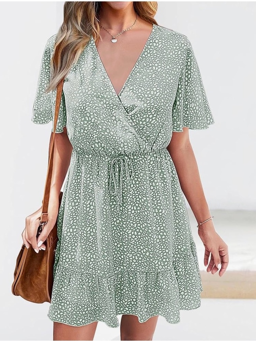Sage Green Printed Midi Dress with Wrap V-Neck
